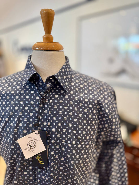 Navy Flower Print Cotton Shirt