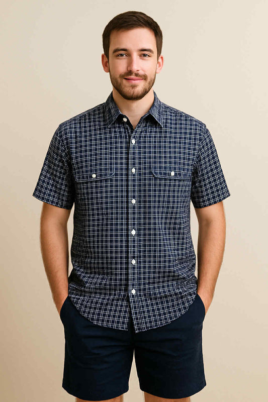 Navy and White Double Pocket Short Sleeve Shirt