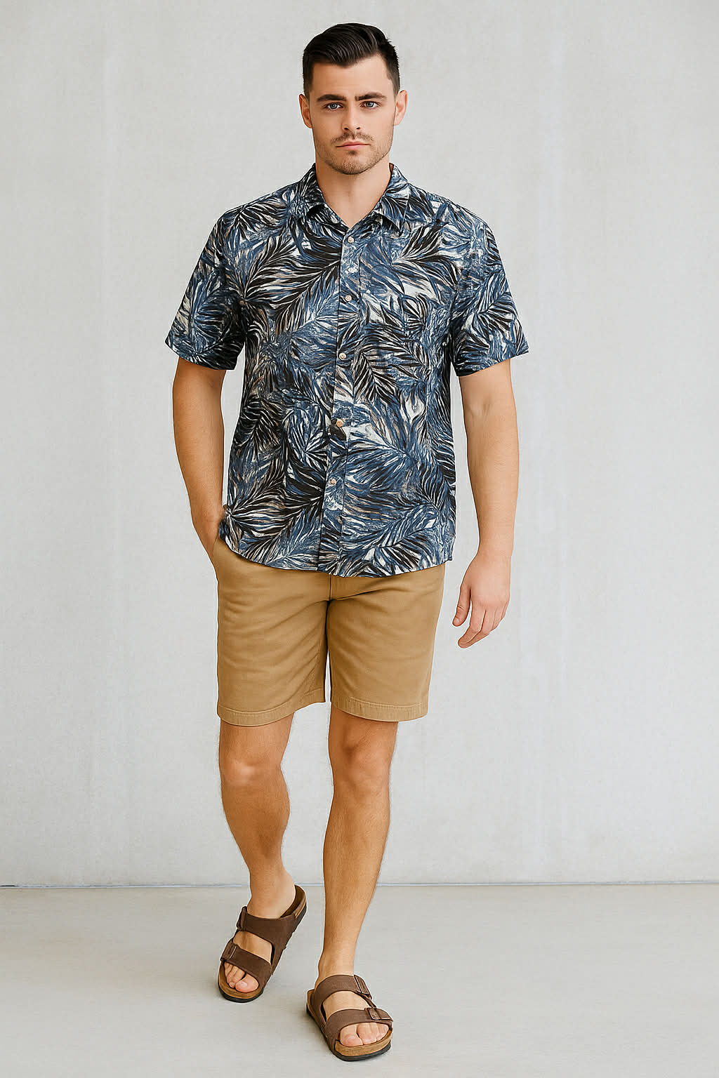 Navy Tan and Black Palm Bamboo Linen Shirt