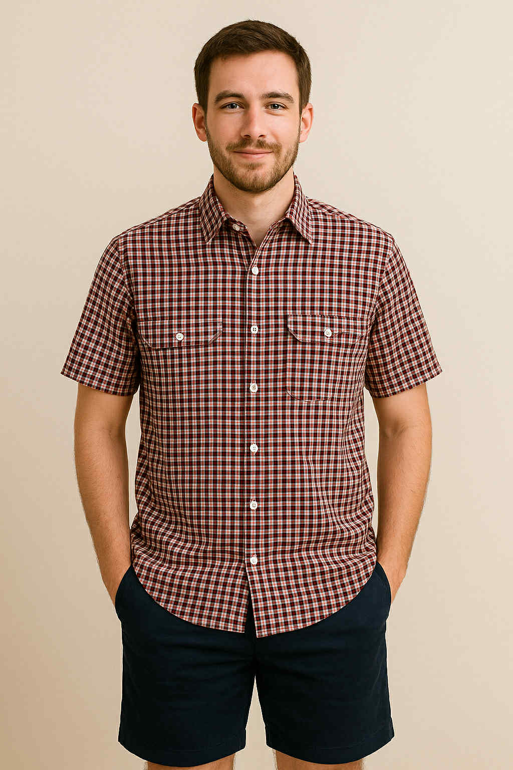Navy and Red Check Short Sleeve Double Pocket Shirt