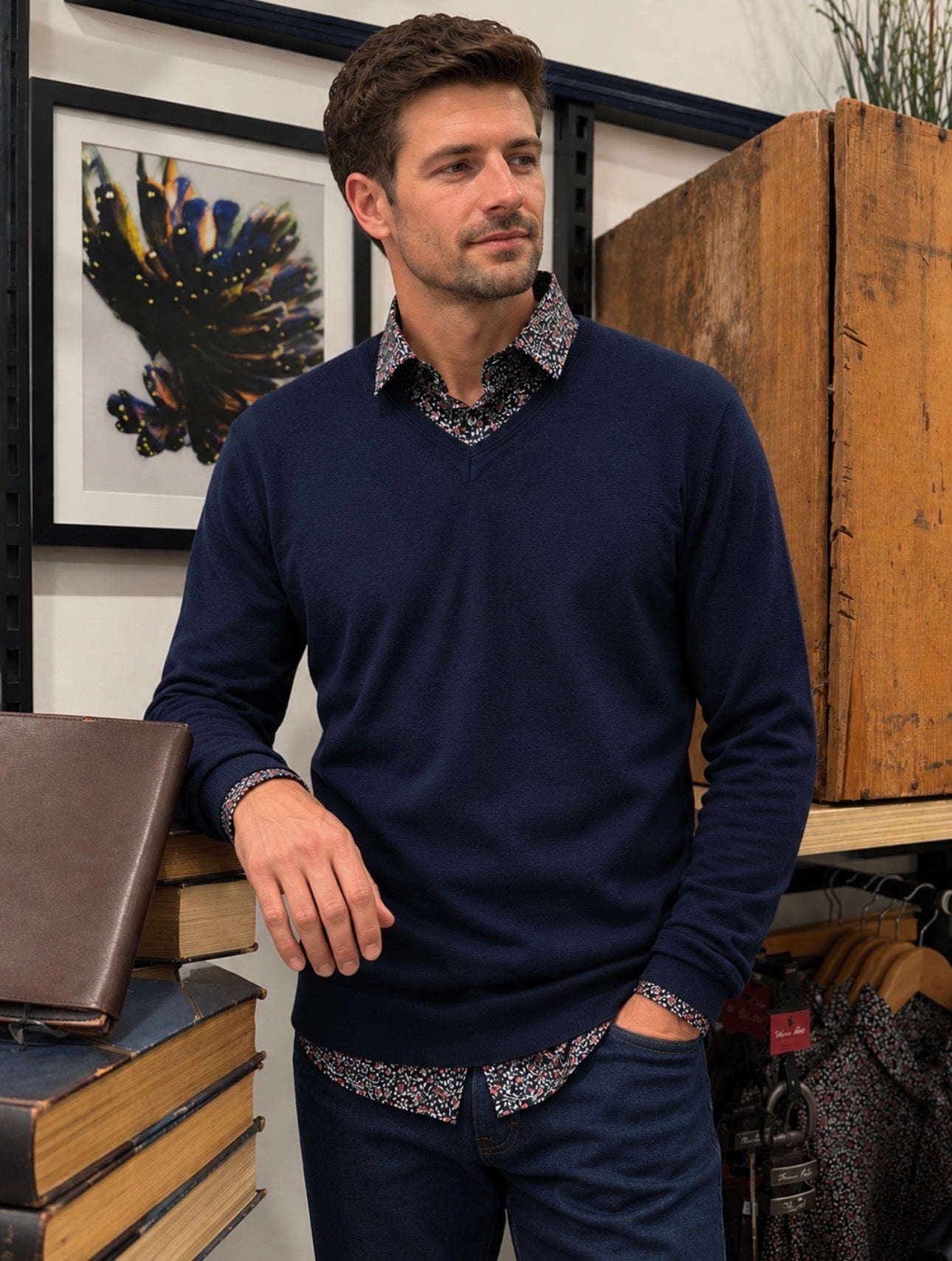 Navy Wool Blend V-Neck Sweater