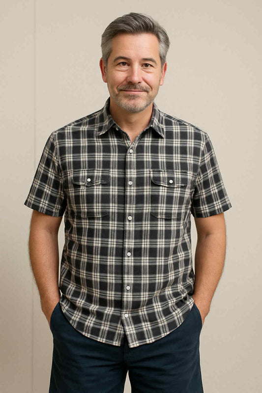 Brown and Blue Double Pocket Short Sleeve Shirt