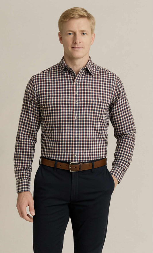 Green Navy and Red Check Double Pocket Long Sleeve Shirt