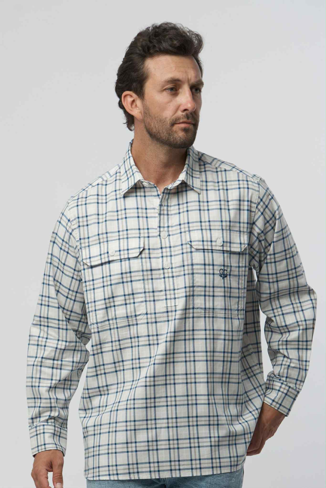 Beige Navy Double Pocket Shirt