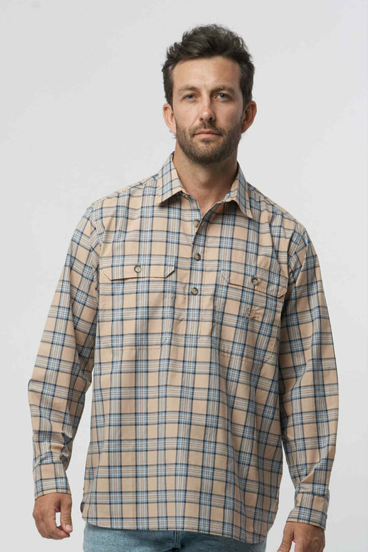 Brown Navy Half Placket Double Pocket Shirt