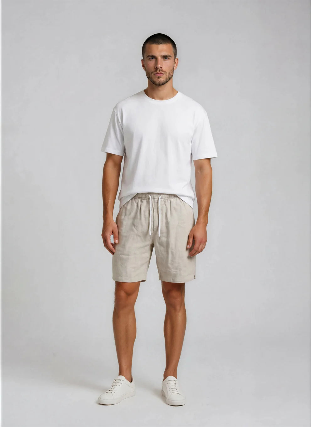 Sand Linen Elastic Waist Shorts
