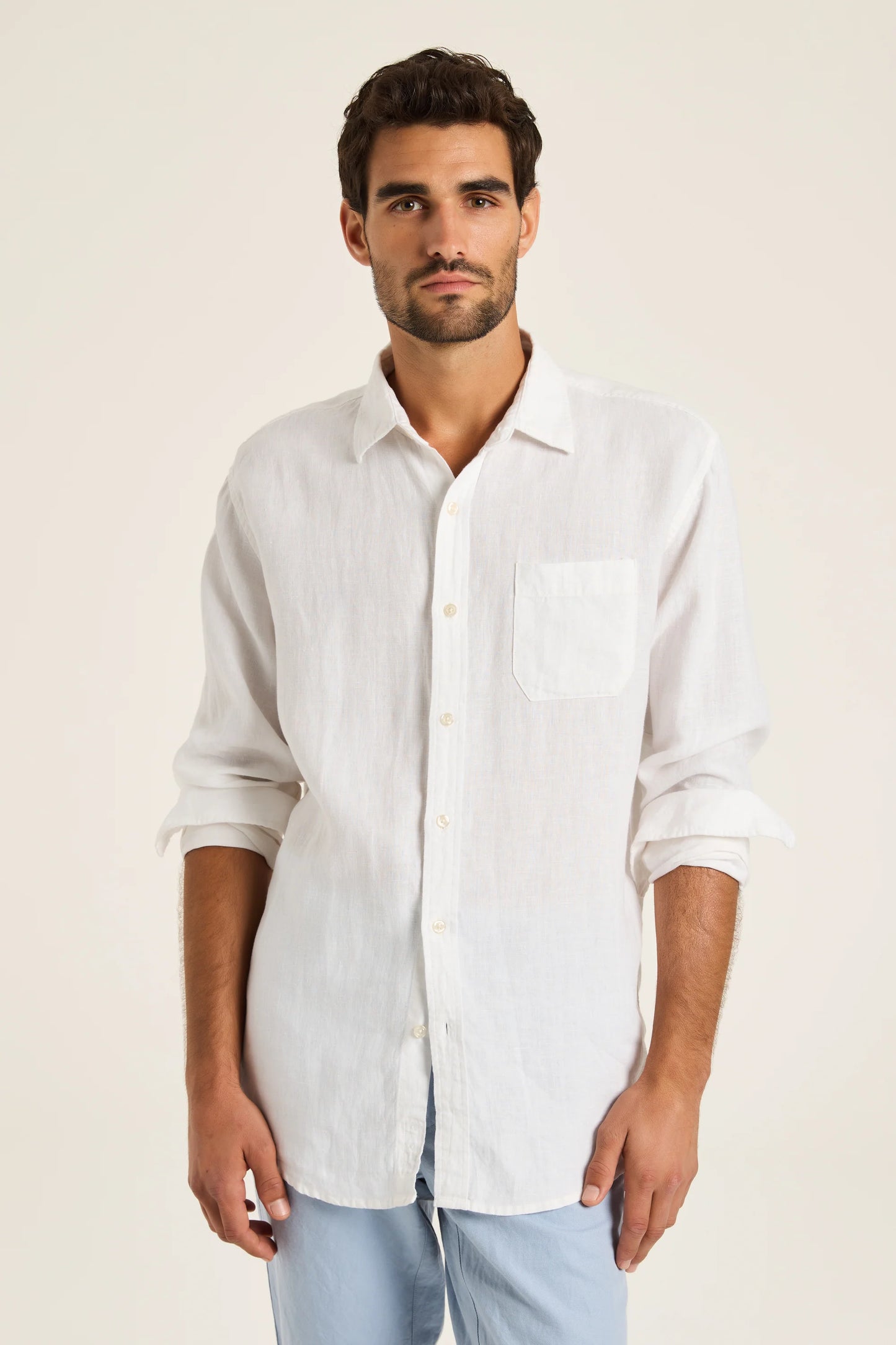 White Long Sleeve Linen Shirt.