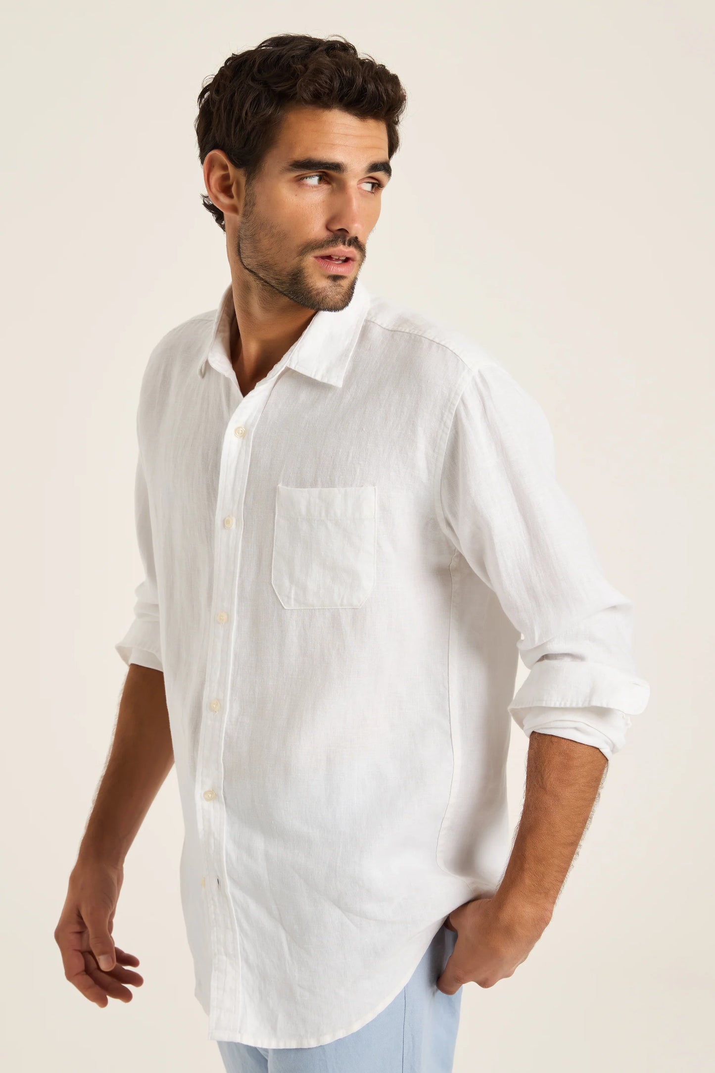 White Long Sleeve Linen Shirt.