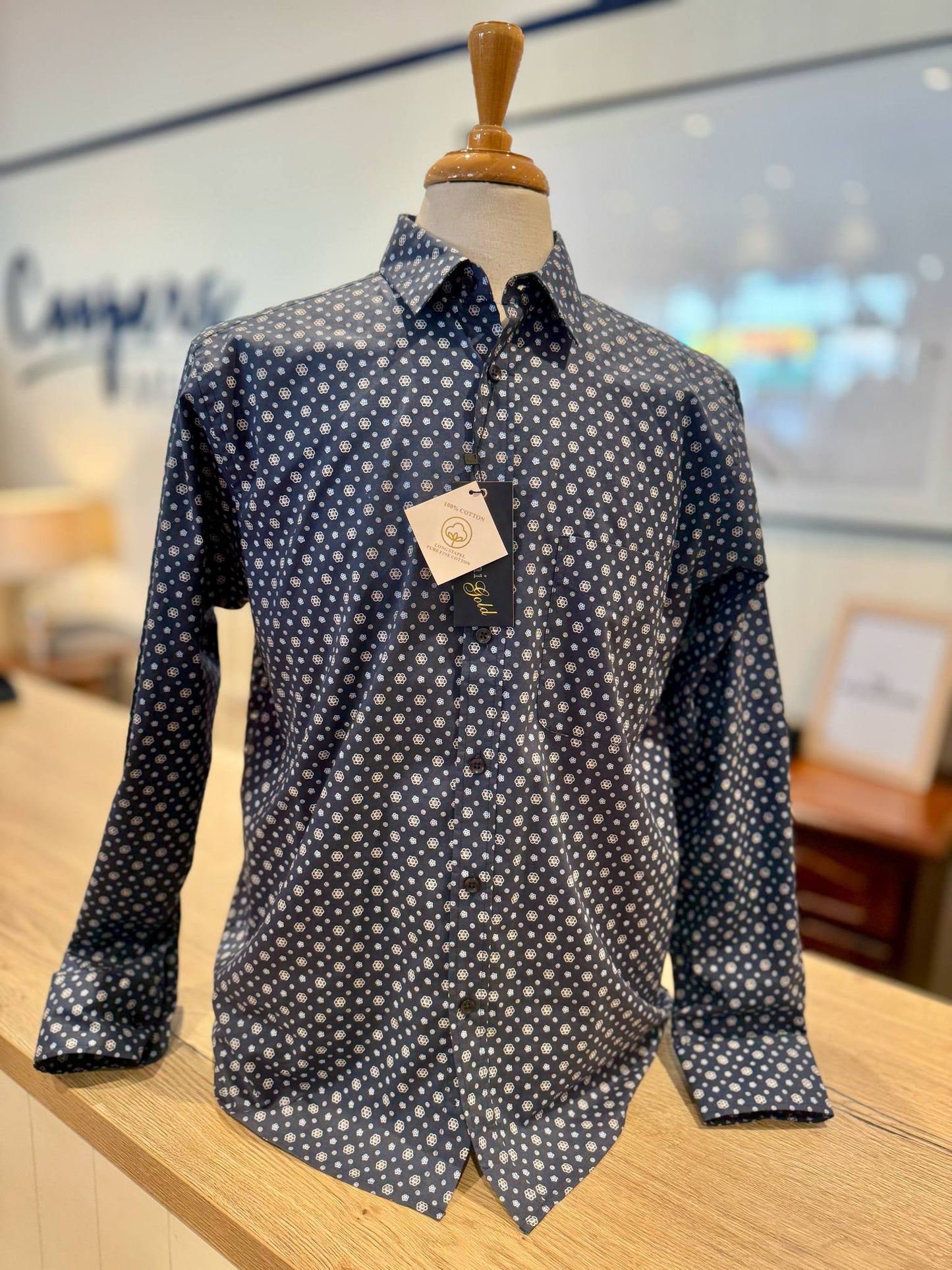 Navy Flower Print Cotton Shirt