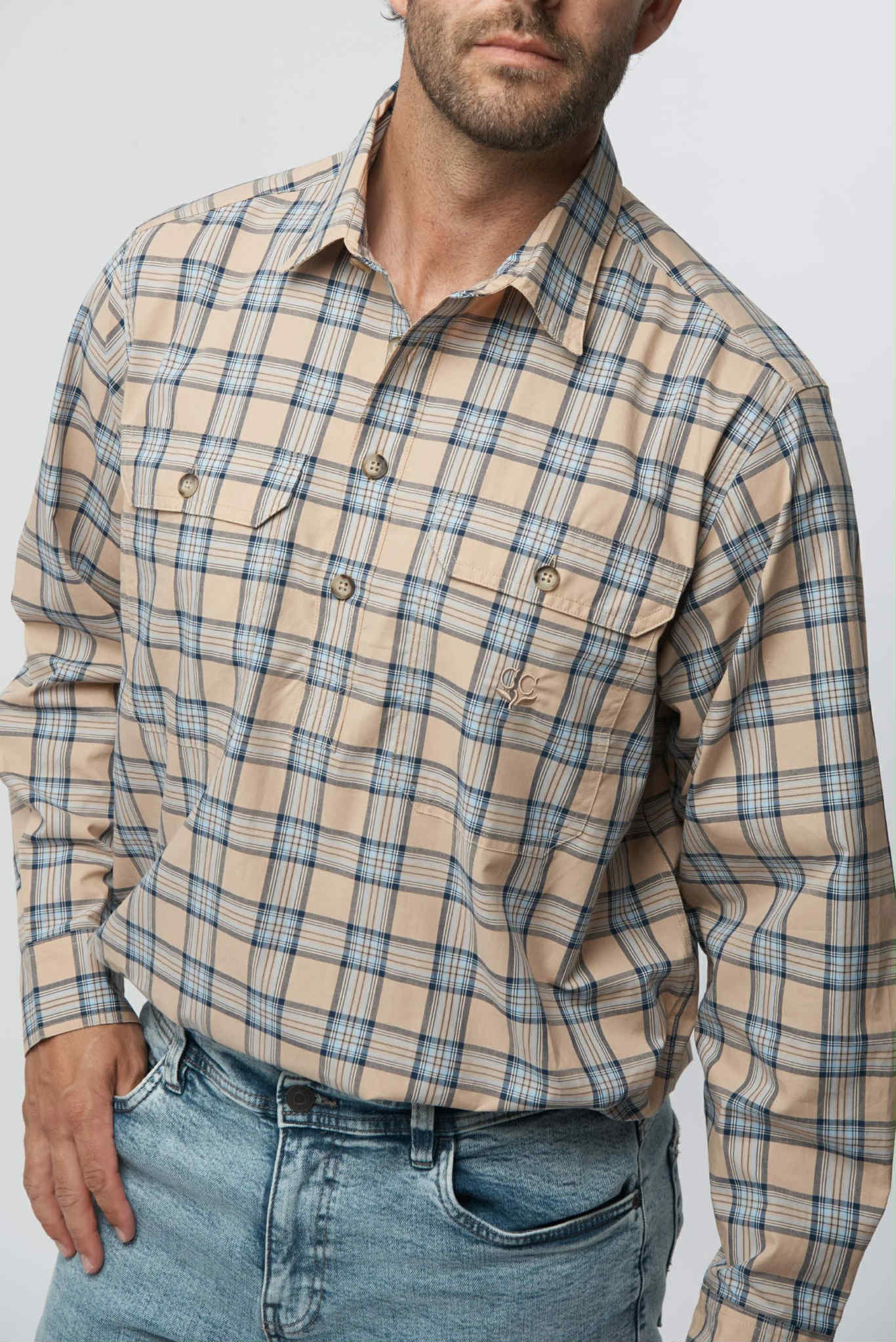 Brown Navy Half Placket Double Pocket Shirt