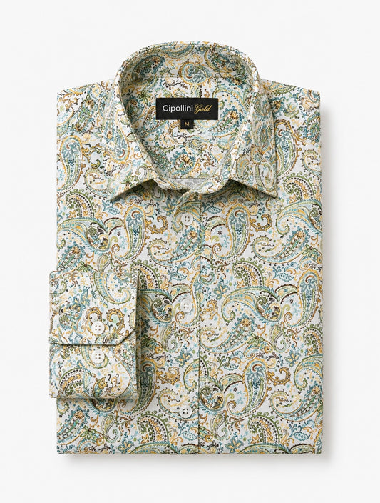 Yellow Blue Long Sleeve Paisley Cotton Shirt