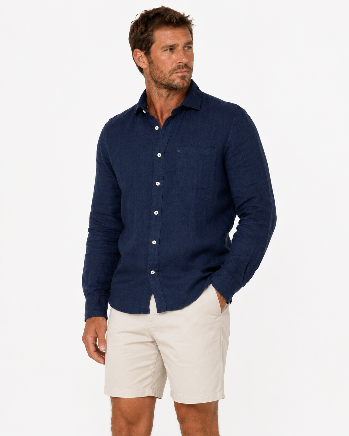 Navy Pure Linen Long Sleeve Shirt