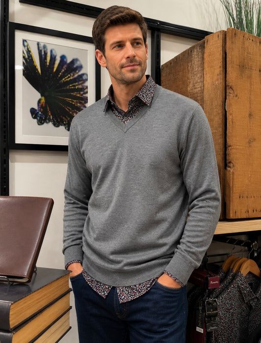 Charcoal Wool Blend V-Neck Sweater