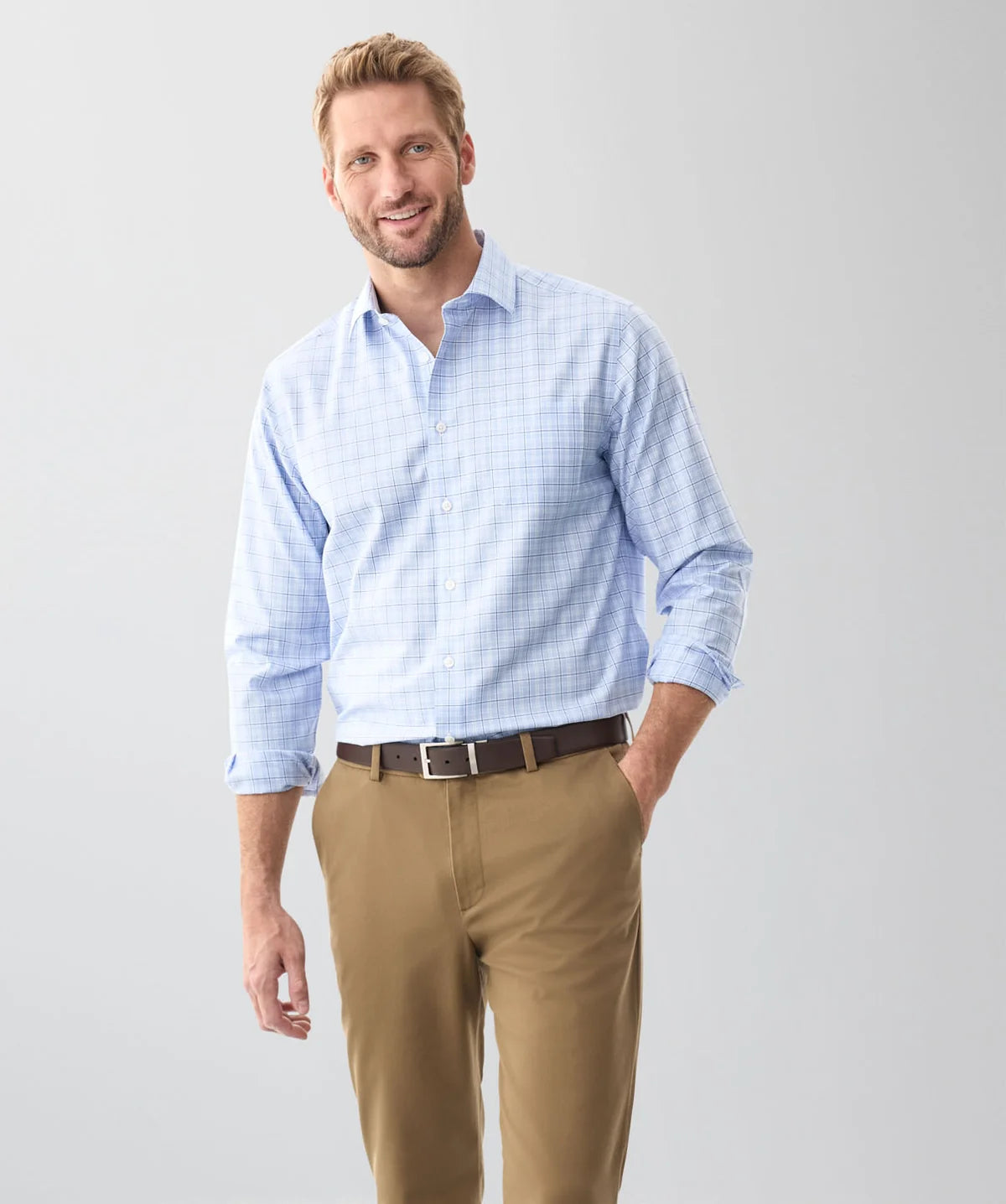 Blue Non Iron Twill Check Long Sleeve Shirt