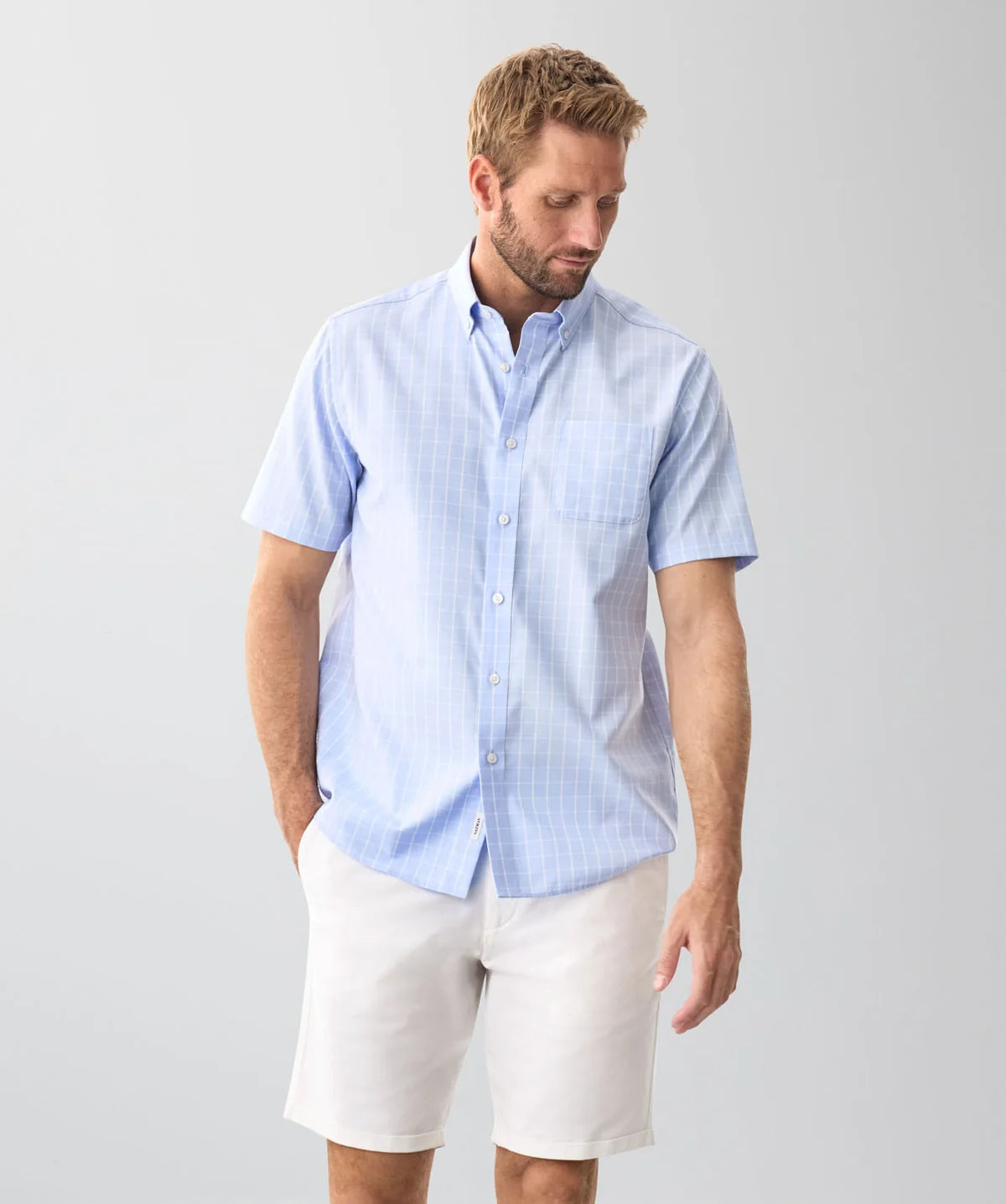 Sky Blue Easy Care Dobby Check  Short Sleeve Shirt