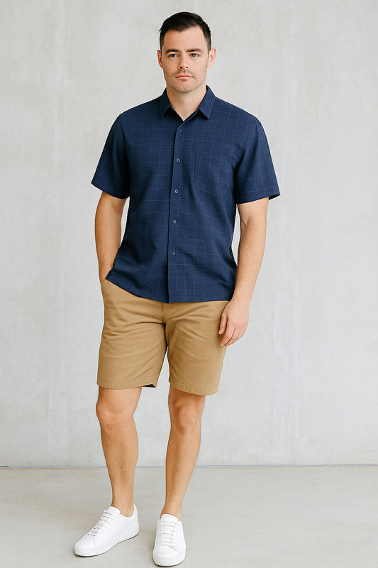 Navy Bamboo Linen Short Sleeve Shirt