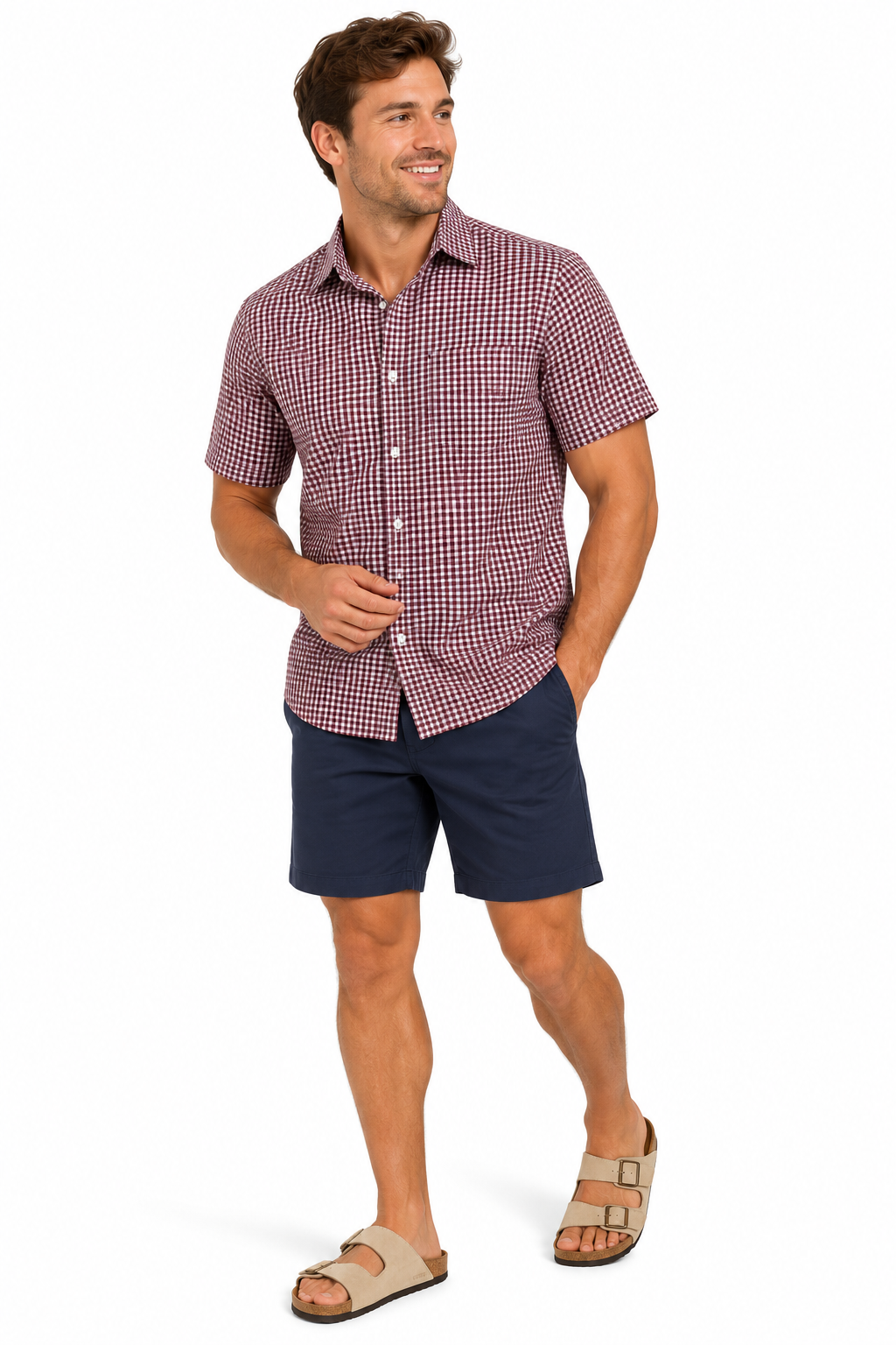Burgundy Gingham Short Sleeve Cotton Shirt