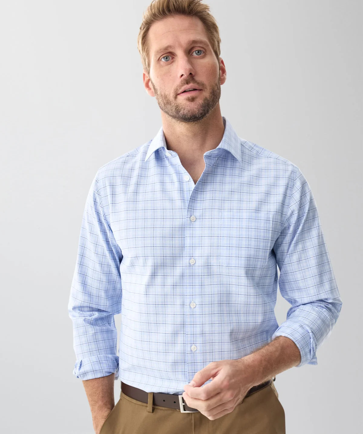 Blue Non Iron Twill Check Long Sleeve Shirt