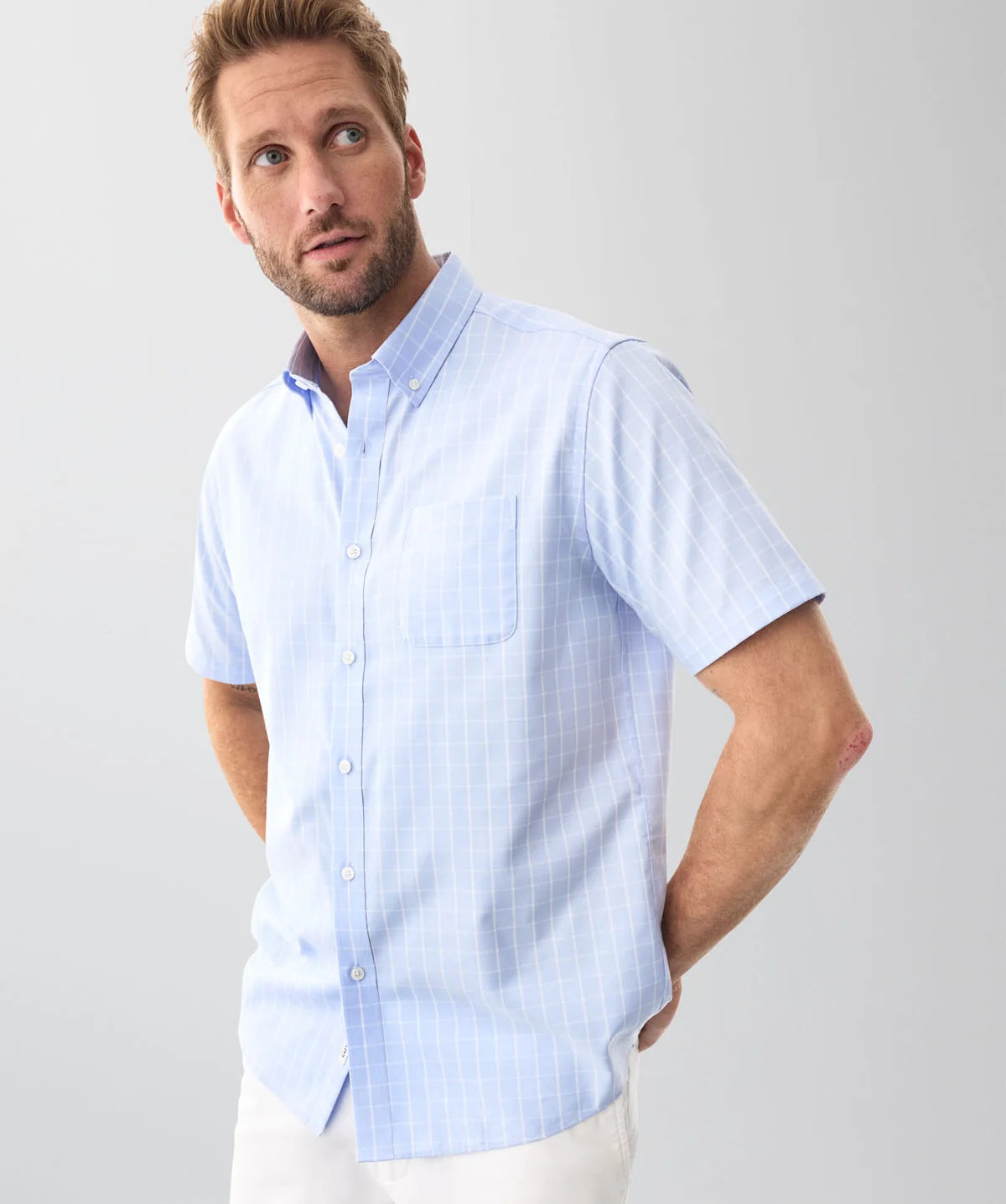 Sky Blue Easy Care Dobby Check  Short Sleeve Shirt