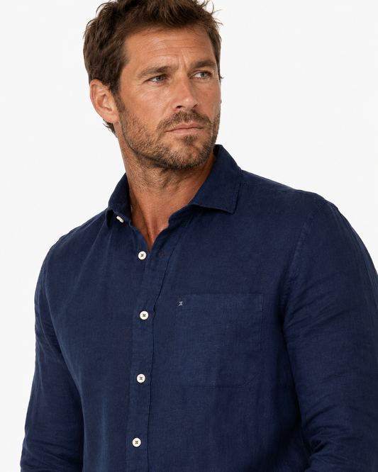 Navy Pure Linen Long Sleeve Shirt