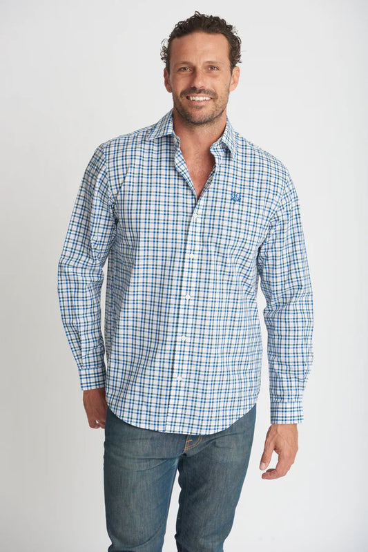 Mens Cotton Check Shirt Khaki/Blue Check