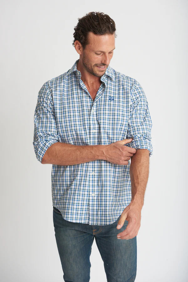 Mens Cotton Check Shirt Khaki/Blue Check