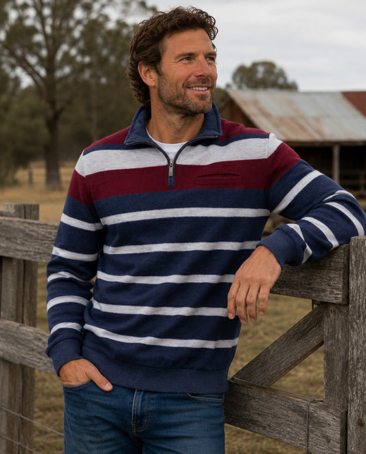 Navy Burgundy 1/4 Zip Ribbed Rugby