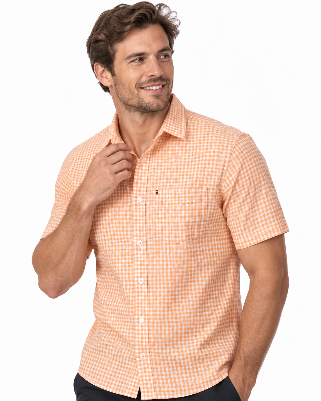 Orange Gingham Short Sleeve Cotton Shirt
