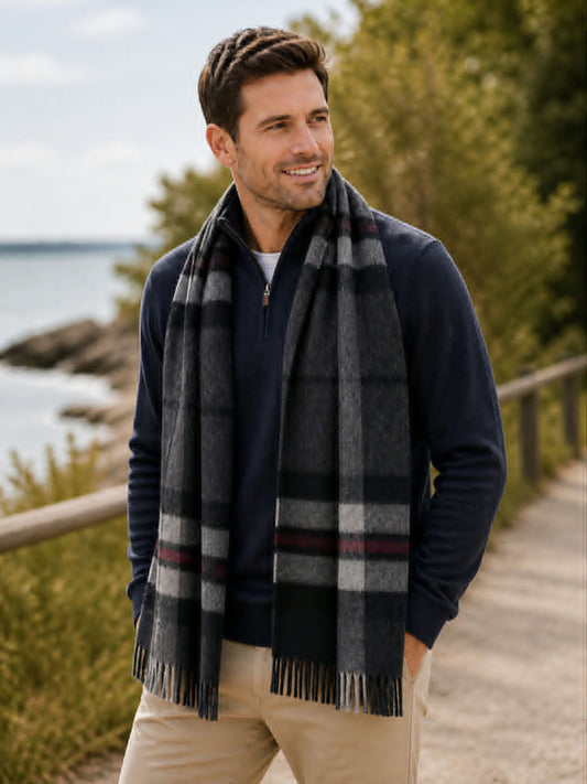 Thomson Charcoal Scottish Tartan Lambs Wool Wide Scarf