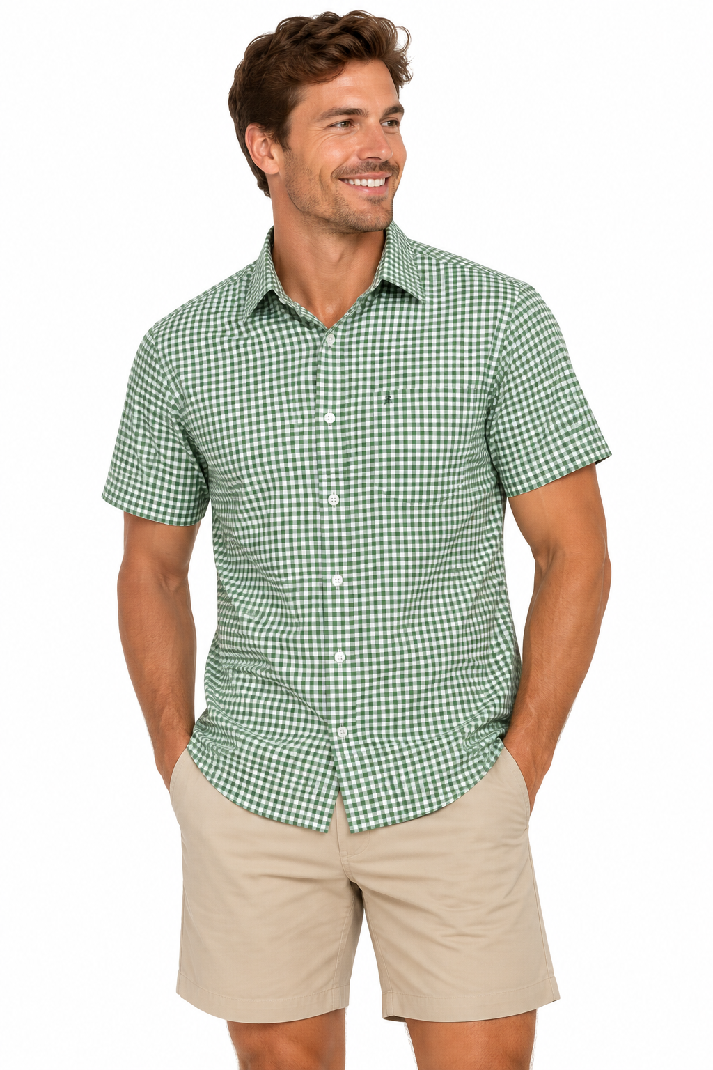 Green Gingham Short Sleeve Cotton Shirt