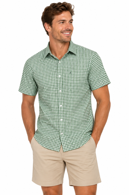 Green Gingham Short Sleeve Cotton Shirt