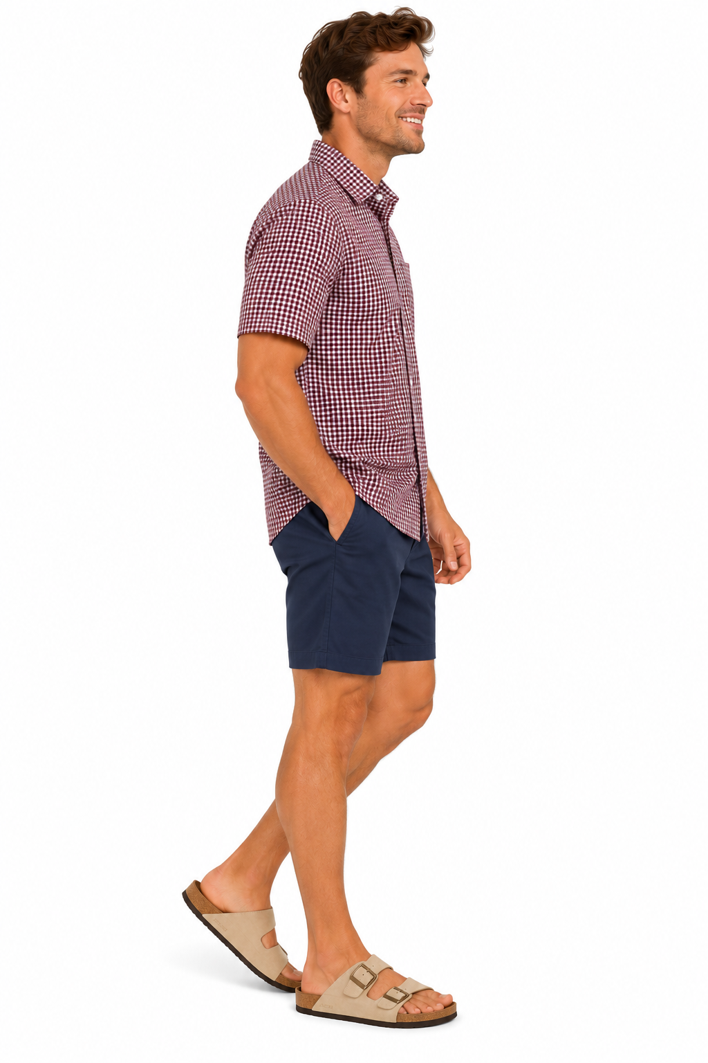 Burgundy Gingham Short Sleeve Cotton Shirt