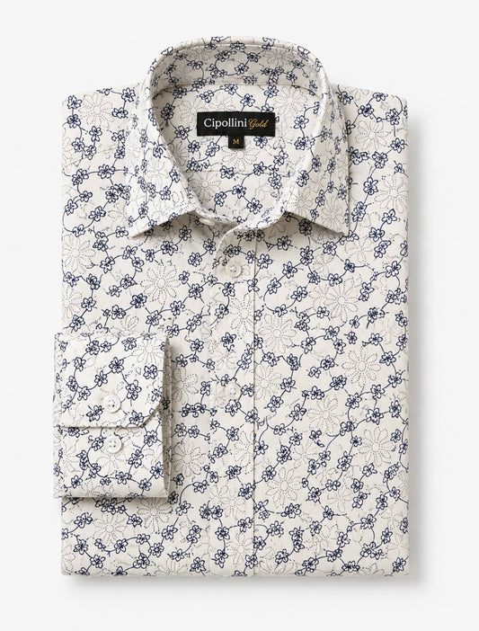 White Navy Floral Long Sleeve Microfiber Shirt