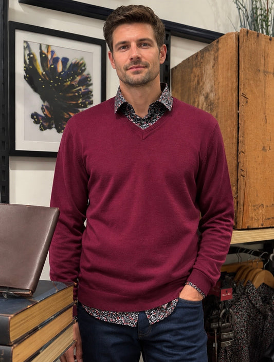 Burgundy Wool Blend V-Neck Sweater
