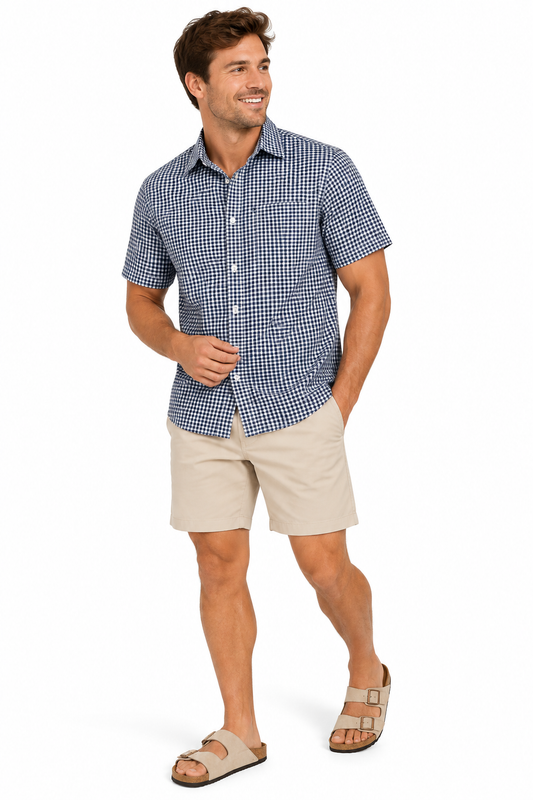 Navy Gingham Short Sleeve Cotton Shirt