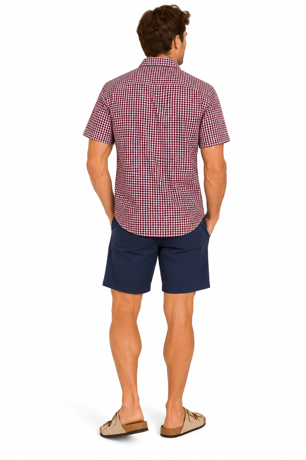 Burgundy Gingham Short Sleeve Cotton Shirt