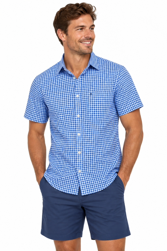 Blue Gingham Short Sleeve Cotton Shirt