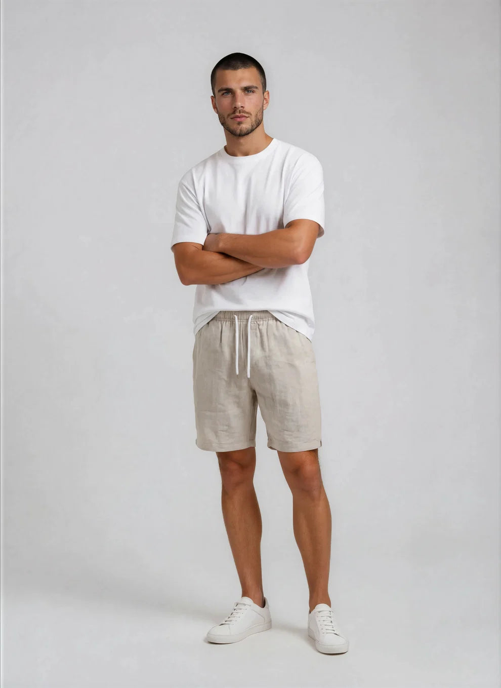 Sand Linen Elastic Waist Shorts