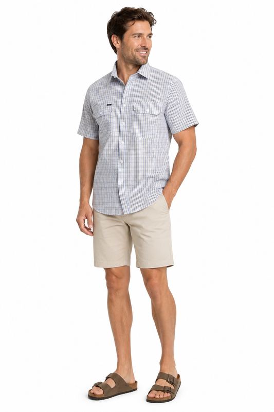 Short Sleeve Double Pocket Sand & Navy Shirt