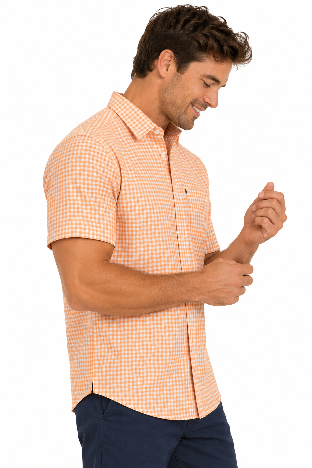 Orange Gingham Short Sleeve Cotton Shirt