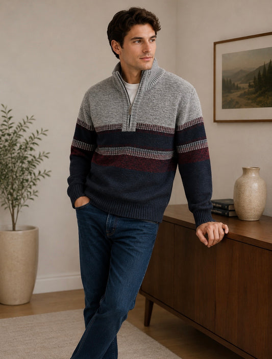 Wine and Navy Stripe Quarter Zip