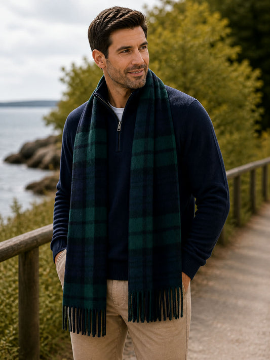 Black Watch Scottish Tartan Lambs Wool Wide Scarf