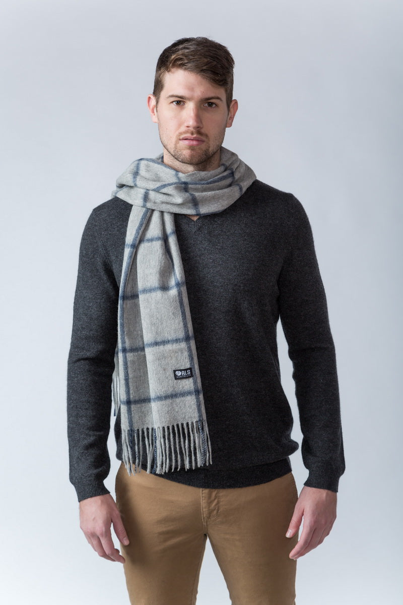 100% Lambswool Grey Navy Plaid Scarf