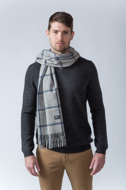 100% Lambswool Grey Navy Plaid Scarf