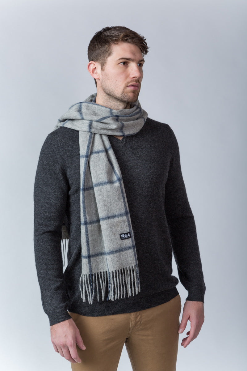 100% Lambswool Grey Navy Plaid Scarf
