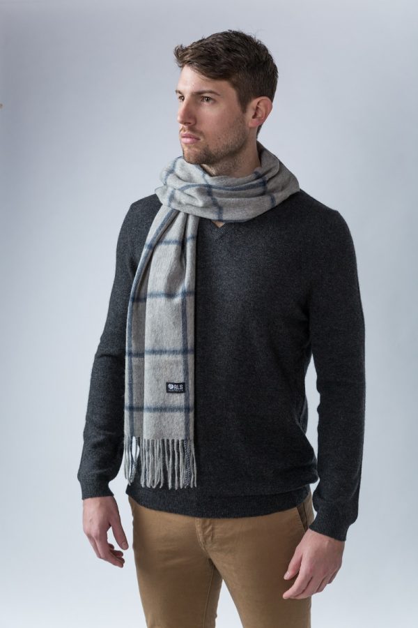 100% Lambswool Grey Navy Plaid Scarf