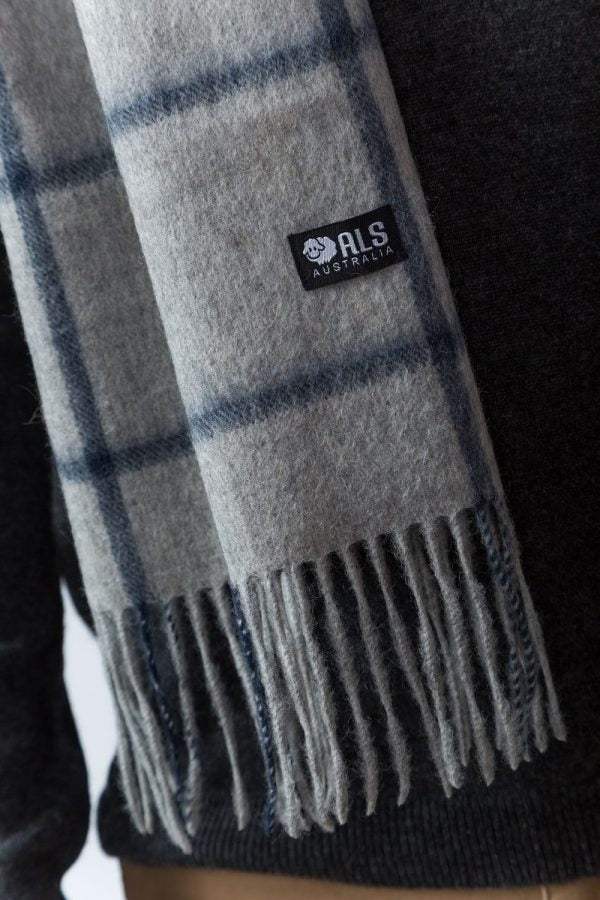 100% Lambswool Grey Navy Plaid Scarf