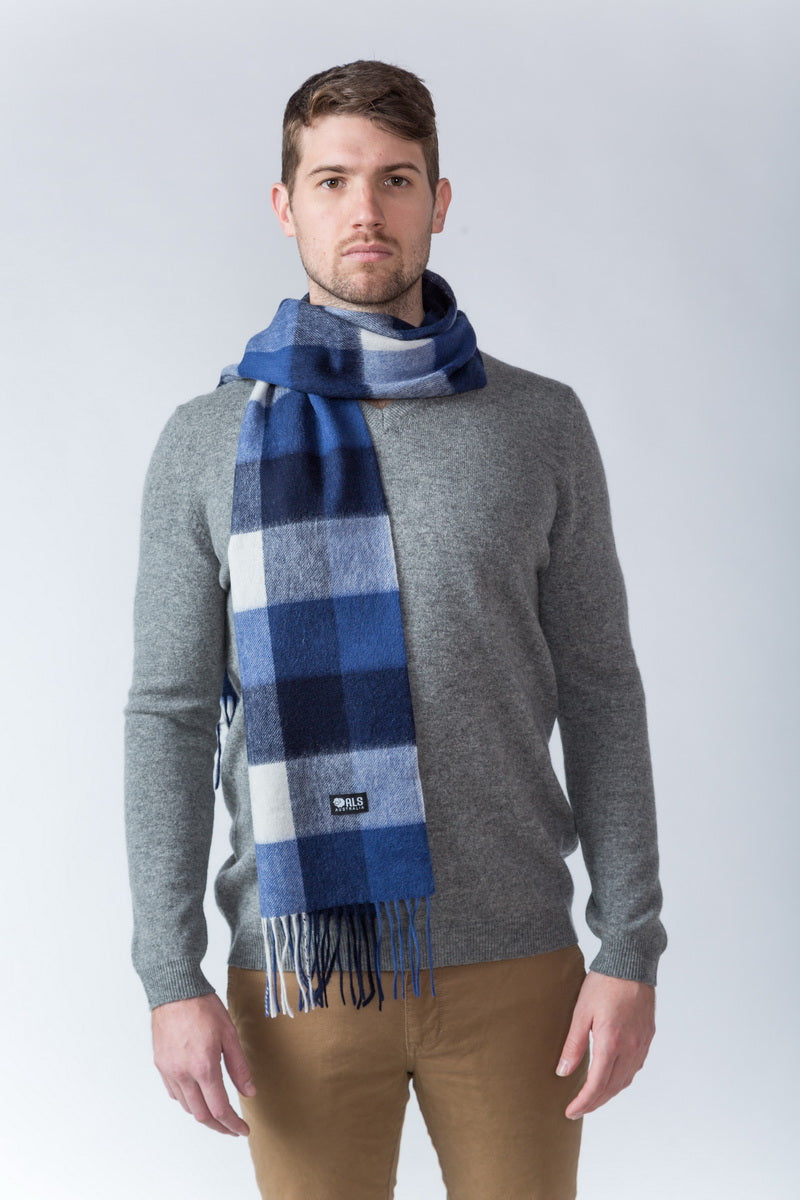 100% Lambswool Blue Plaid Scarf
