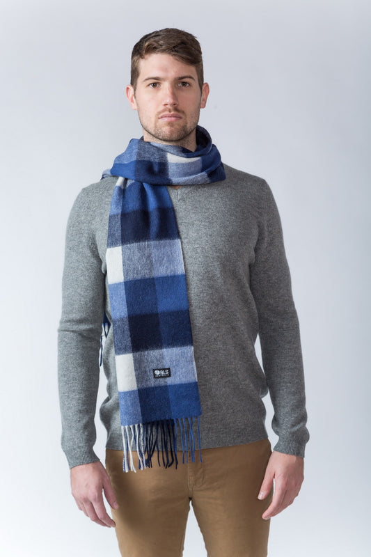 100% Lambswool Blue Plaid Scarf