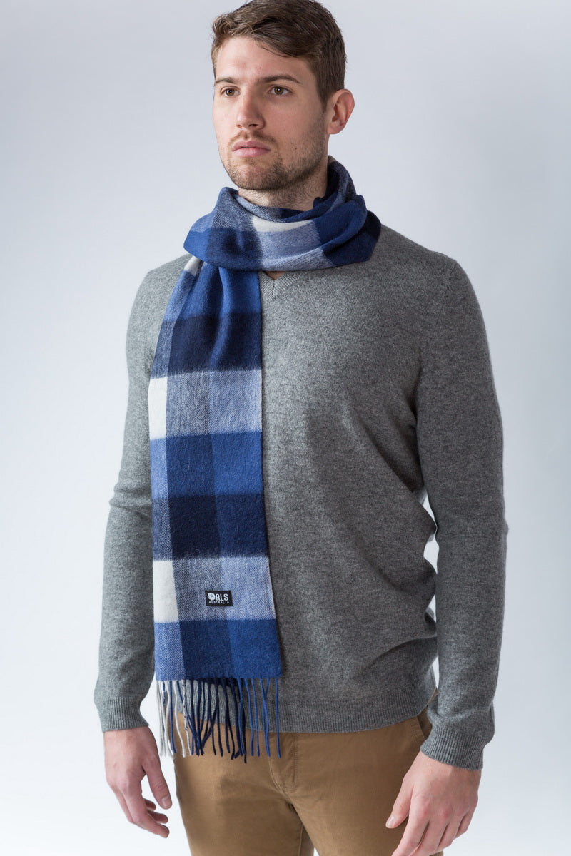 100% Lambswool Blue Plaid Scarf
